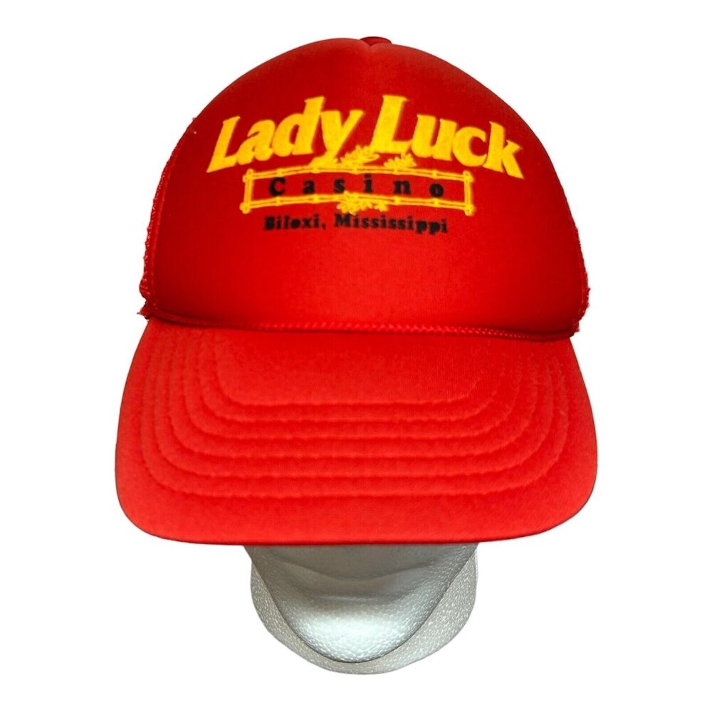 Vintage Lady Luck Casino Red Hat Biloxi Mississippi Snapback Foam Corded Cap
